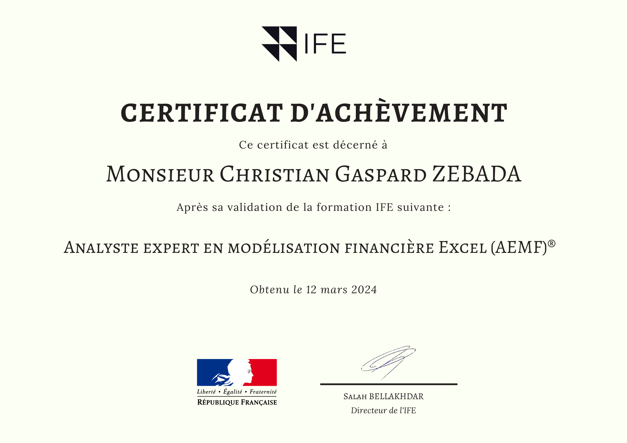 12. Certificat Christian Gaspard ZEBADA